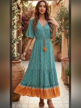 Boho, Flowy - R.Vivimos Teal Floral Women's Dress - Teal Floral
